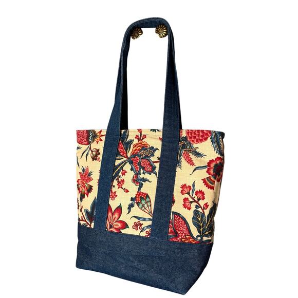 Handmade Denim & Floral Canvas Tote Bag with Pockets 13x14x6 - Picture 2 of 13